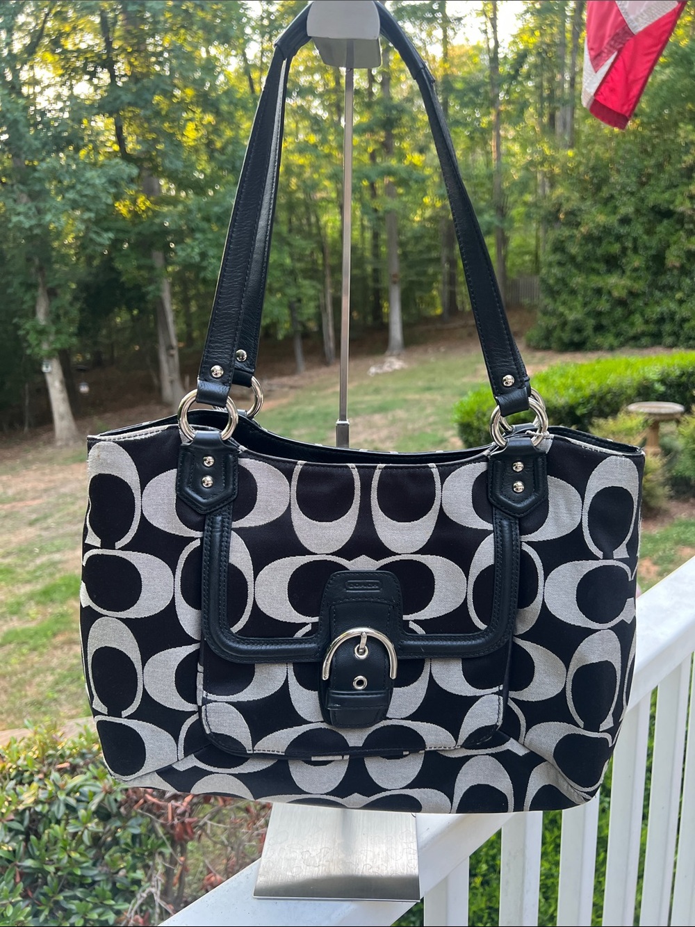 Coach Black and Ivory Signature Canvas Shoulder Bag